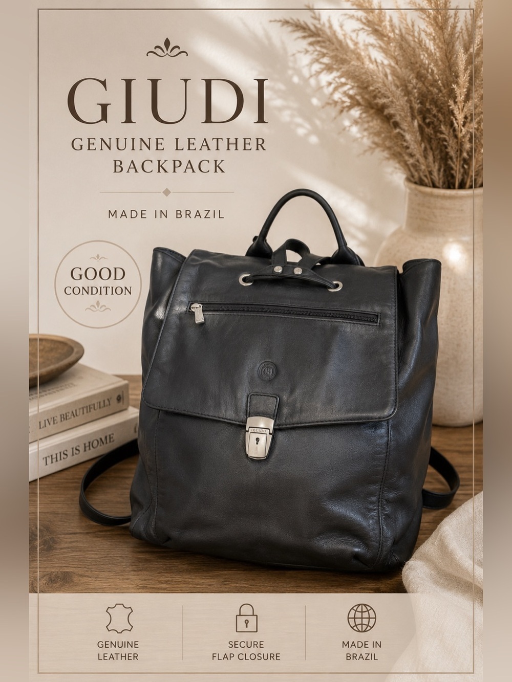 GIUDI Genuine Leather Backpack Black Made in Italy Laptop Travel Work Bag